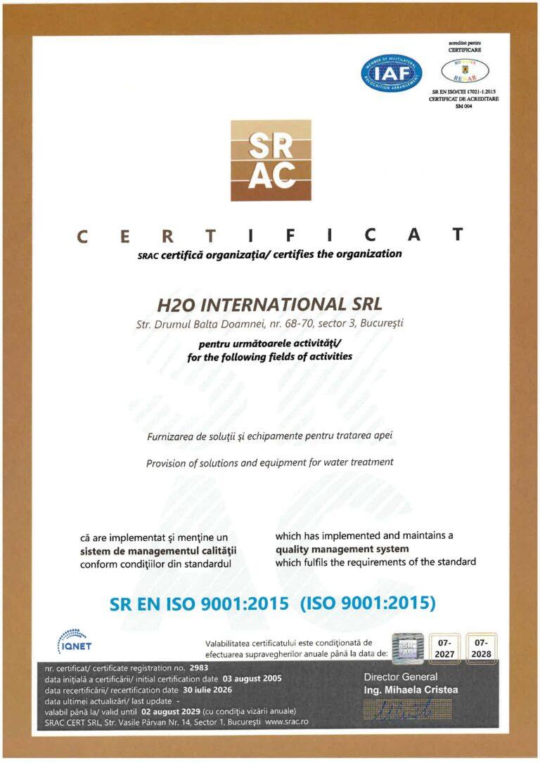 h2o international iso9001 2015 2026